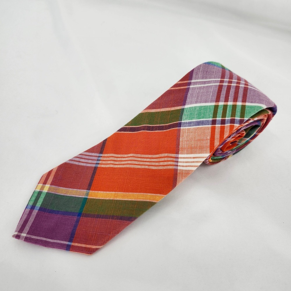 Tommy Hilfiger Mens Multicolor Madras Plaid Cotton Tie Neckwear Preppy Academia